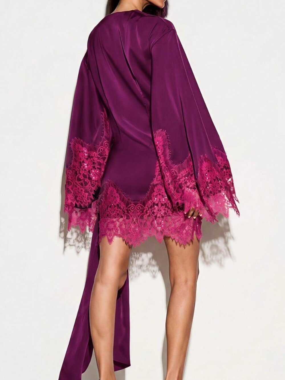 Purple Elegant Women's Wrap Mini Dress With Floral Lace Trim - Picture 2 of 5